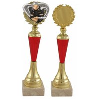 Sportovní trofej ve zlato-červeném provedení s možností štítku a emblému, 25,5cm